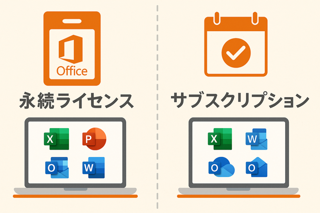 office「一度買って使い続ける永続版」と「契約更新で最新機能を使えるサブスク版」の違いを分かりやすく対比した図です。