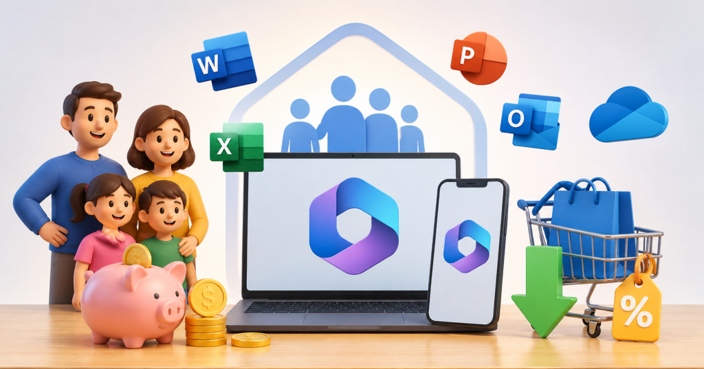 icrosoft 365 Familyの料金と安く購入する方法をイメージした家族とOfficeアプリの画像