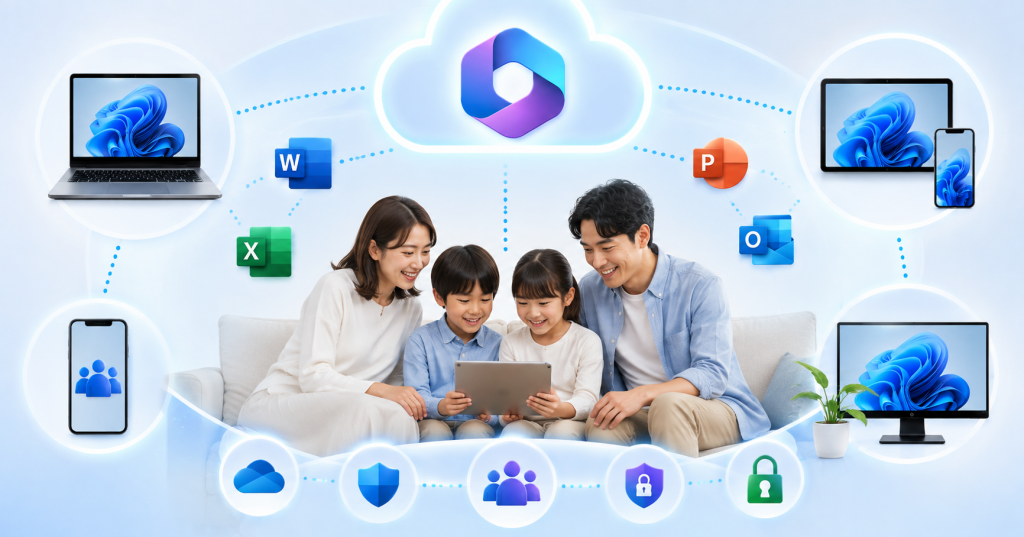 Microsoft 365 Familyを家族で共有し、パソコンやスマートフォン、タブレットでOfficeアプリを利用するイメージ画像