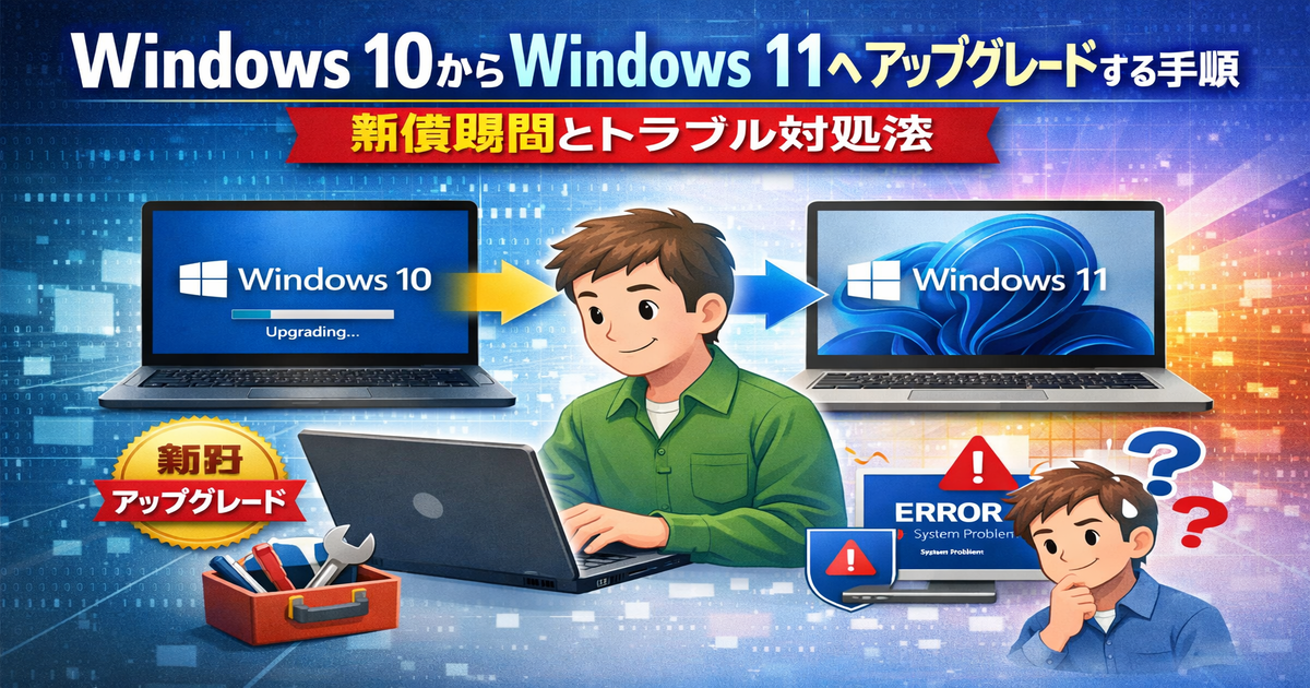 Windows10からWindows11へアップグレードする手順を解説するアイキャッチ画像。