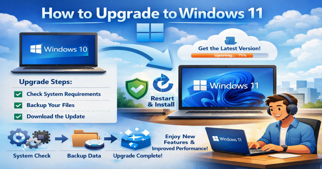 Windows 10のノートPCからWindows 11へアップグレードする流れを英語で説明したイメージ画像