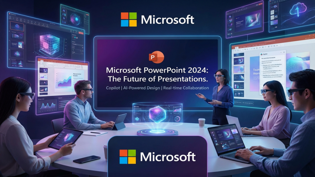 Microsoft PowerPoint 2024のプロモーション画像。会議室で人々がホログラフィック技術を使い、Copilot、AIデザイン、リアルタイムコラボレーションを特徴とする未来のプレゼンテーションを見ている様子。