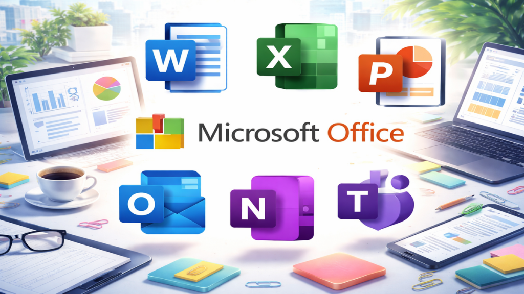 Word・Excel・PowerPointなどMicrosoft Officeの主要アプリと作業デスクを組み合わせた、仕事や資料作成をイメージしたビジュアル