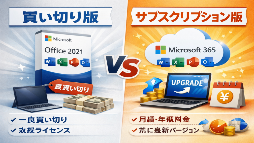 Microsoft Officeの買い切り版とサブスクリプション版の違いを示した比較イメージ。
