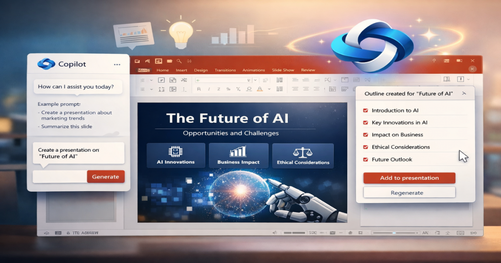 PowerPoint Copilotのイメージ画像。AIアシスタントCopilotがPowerPointのスライド作成をサポートし、テーマ入力からプレゼン資料を自動生成する様子を表したイラスト。