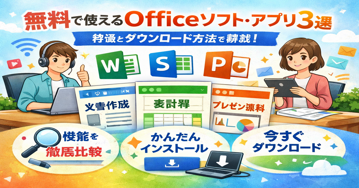 無料で使えるOfficeソフト・アプリ3つを紹介する記事のアイキャッチ画像。
