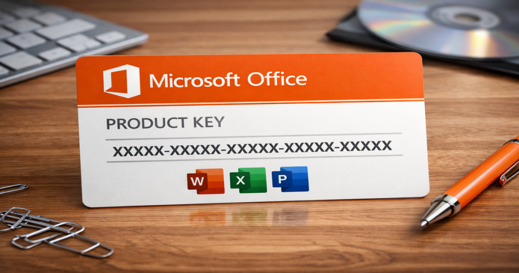 木製デスクの上に置かれたOfficeプロダクトキーカードのイメージ。