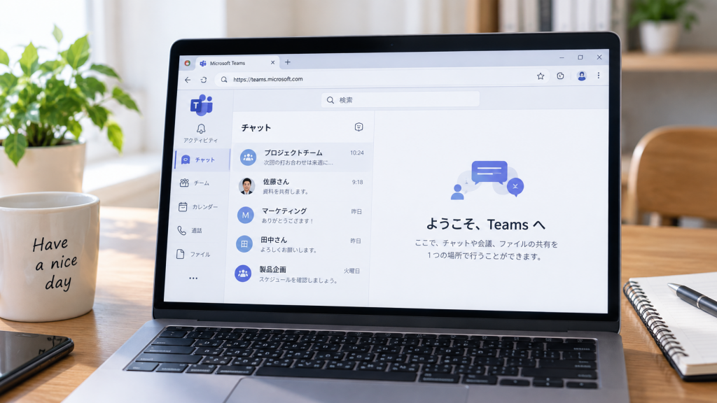 Teamsブラウザ版(Web版)をパソコンで利用しているイメージ